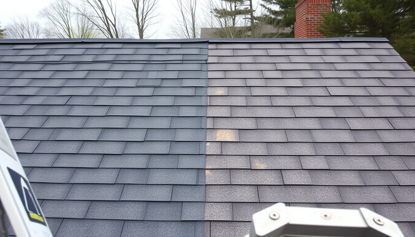 Roof repair vs replacement: a weathered asphalt shingle roof section beside a newer one on a New Jersey home