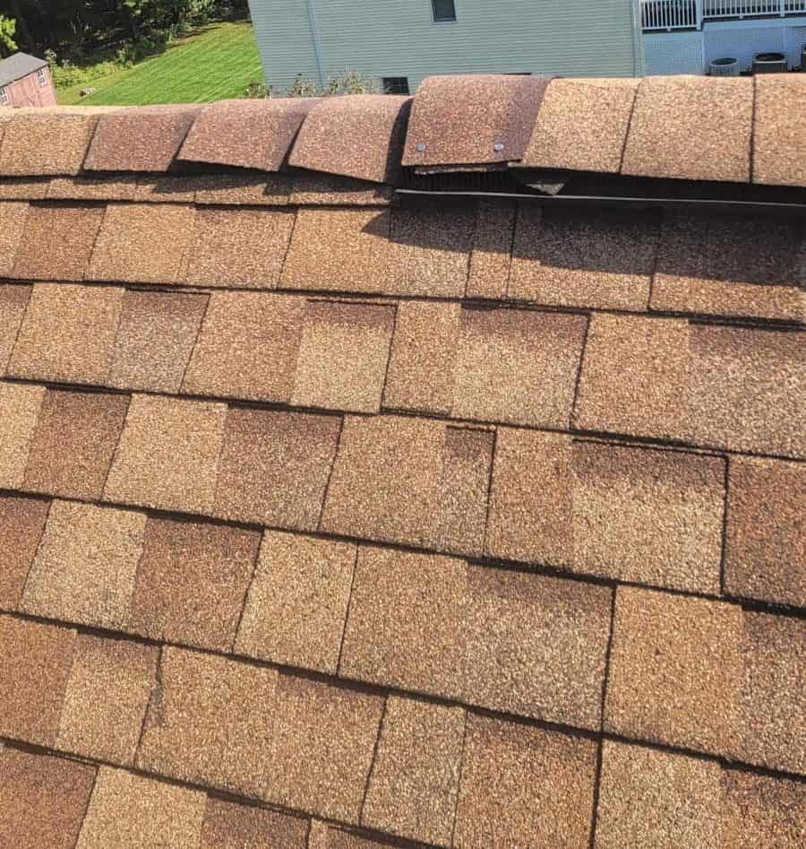 Close-up of lifted and creased asphalt shingles near the ridge of a New Jersey roof